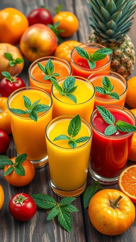 Colorful glasses of fresh juices on a wooden table with fruits.